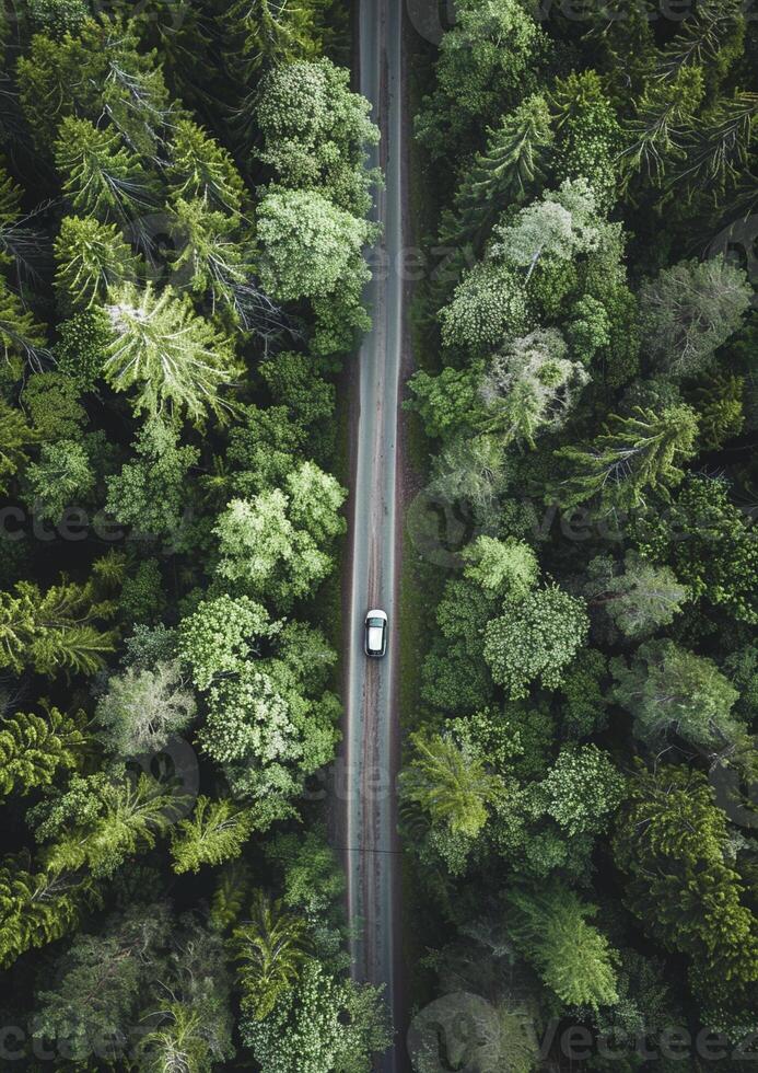 ai generato aereo Visualizza di auto viaggi attraverso il calma foresta strada foto