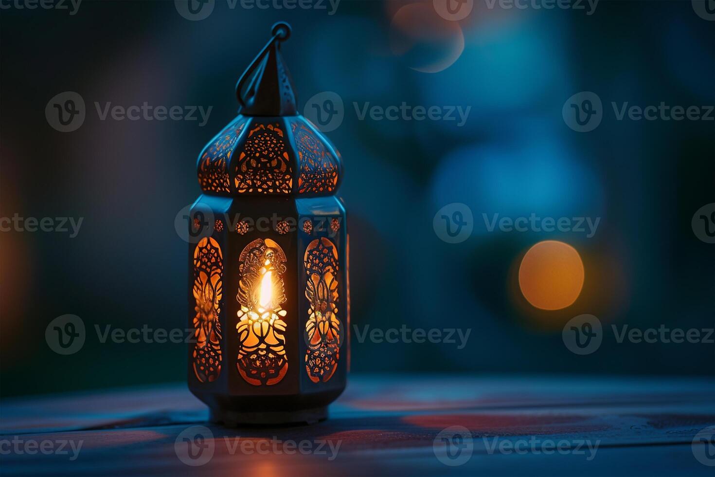 ai generato musulmano santo mese Ramadan kareem - ornamentale Arabo lanterna con ardente candela foto