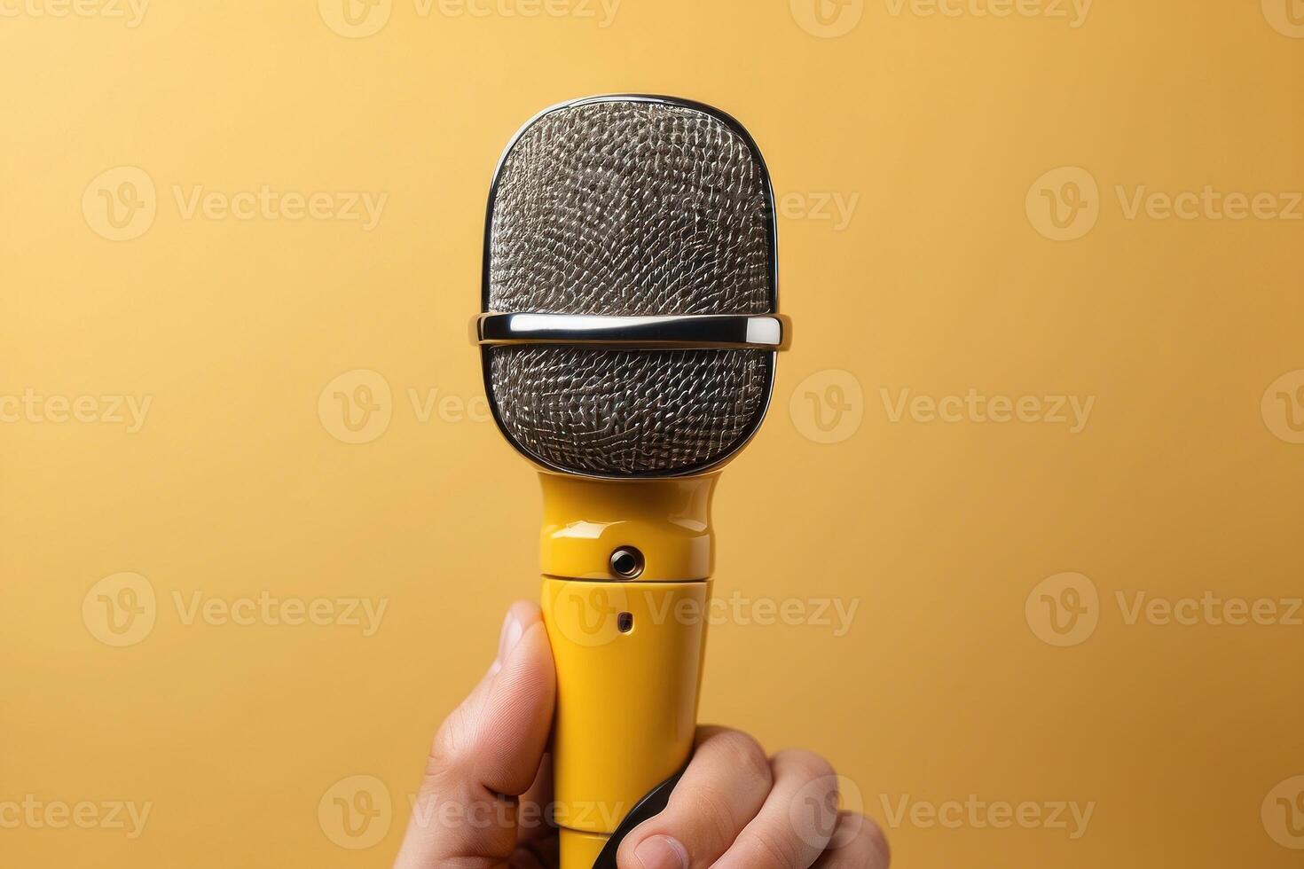 ai generato Vintage ▾ microfono nel vicino su, luminosa giallo sfondo foto