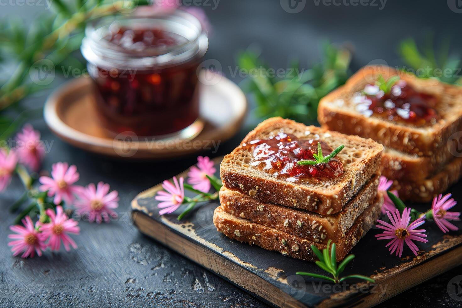 ai generato toast con frutta marmellata su cucina tavolo professionale pubblicità cibo fotografia foto