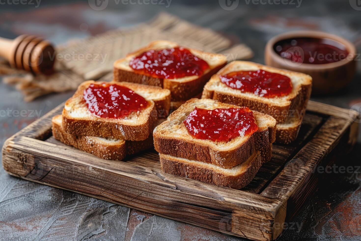 ai generato toast con frutta marmellata su cucina tavolo professionale pubblicità cibo fotografia foto