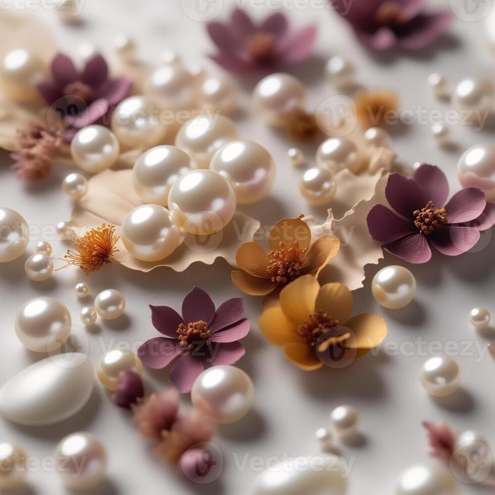 ai generato eleganza bianca perla perline e secco fiori, astratto foto design per nozze, mestiere, sfondo, compleanno, anniversario, gioielleria, regalo per suo, Natale, lusso elementi