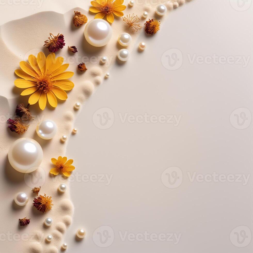 ai generato perle e secco giallo fiori confine telaio, astratto foto design per nozze, mestiere, sfondo, carta, compleanno, anniversario, gioielleria, vacanza e vacanza