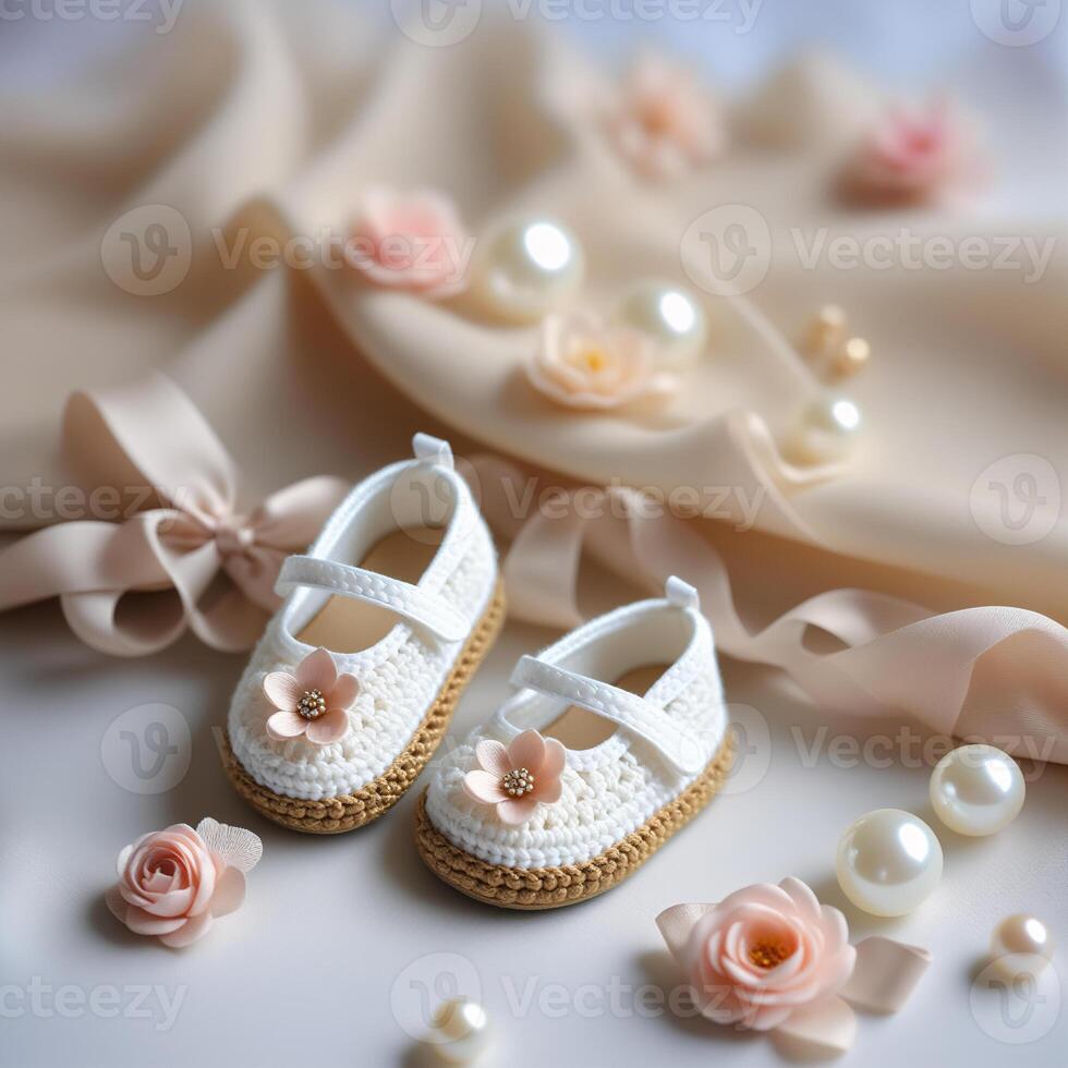 ai generato minuscolo bianca uncinetto bambino stivaletti con rosa fiori e perle nel elegante bambino doccia tema, sfondo per bambino ragazza, Congratulazioni, celebrazione, gioioso momento di famiglia foto