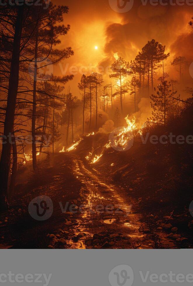 ai generato strada è su fuoco nel foresta foto