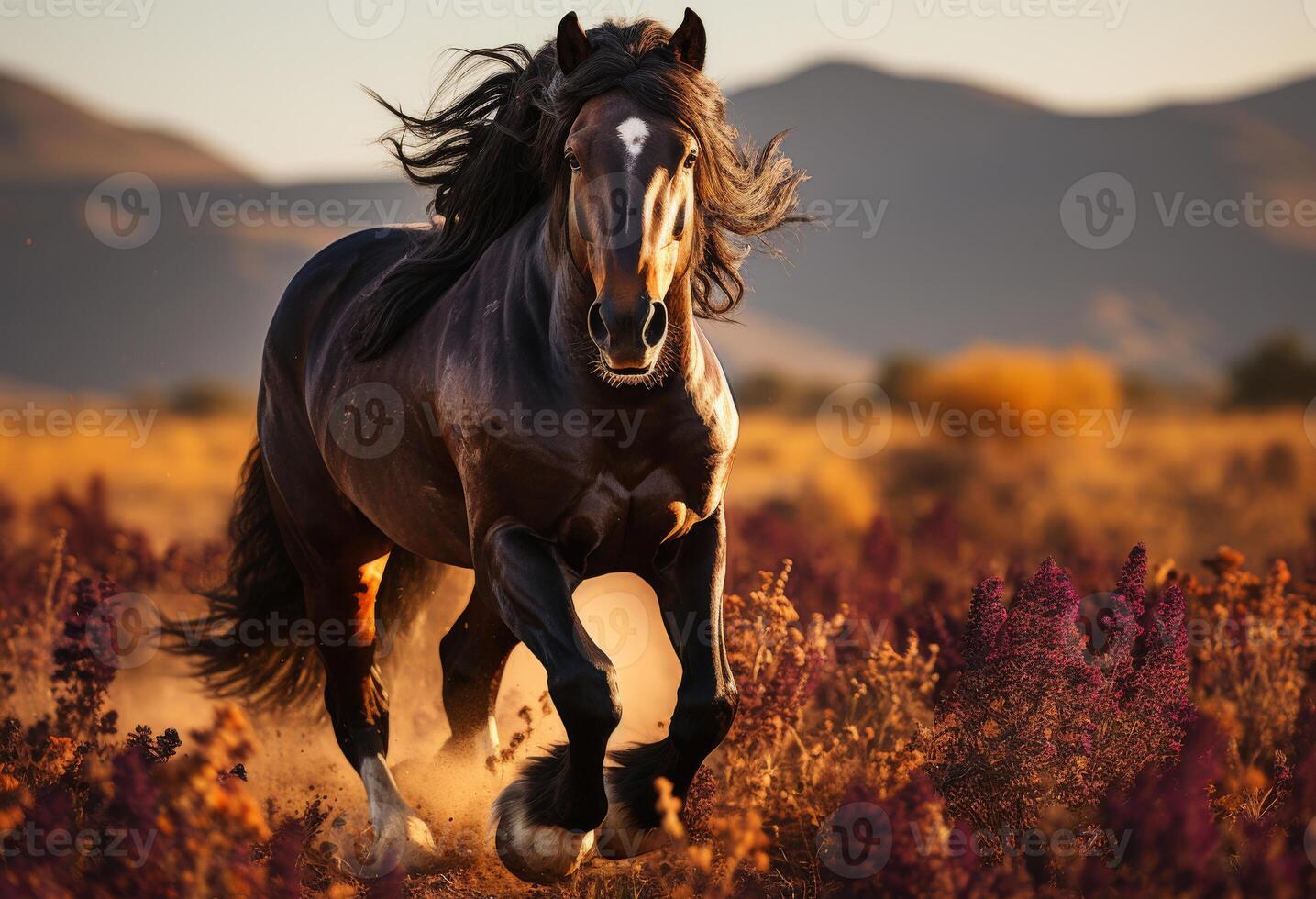 ai generato nero cavallo corre galoppo su il bellissimo arancia fiori campo foto