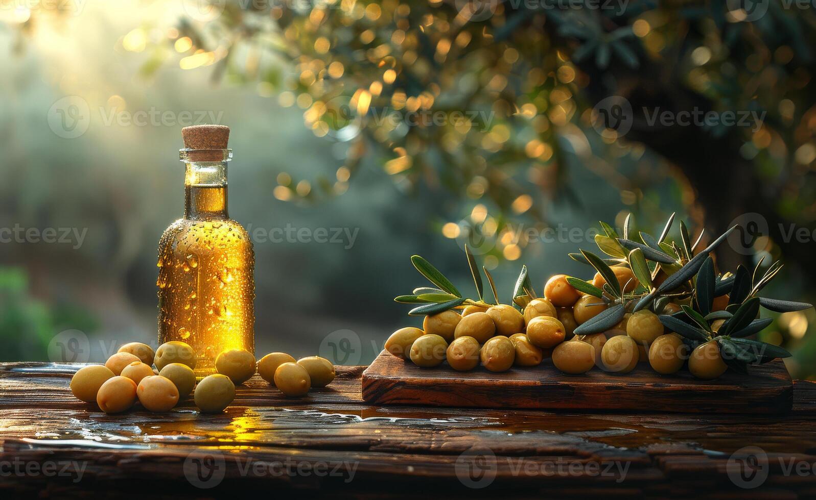 ai generato oliva olio e olive su il di legno tavolo sotto il oliva albero foto