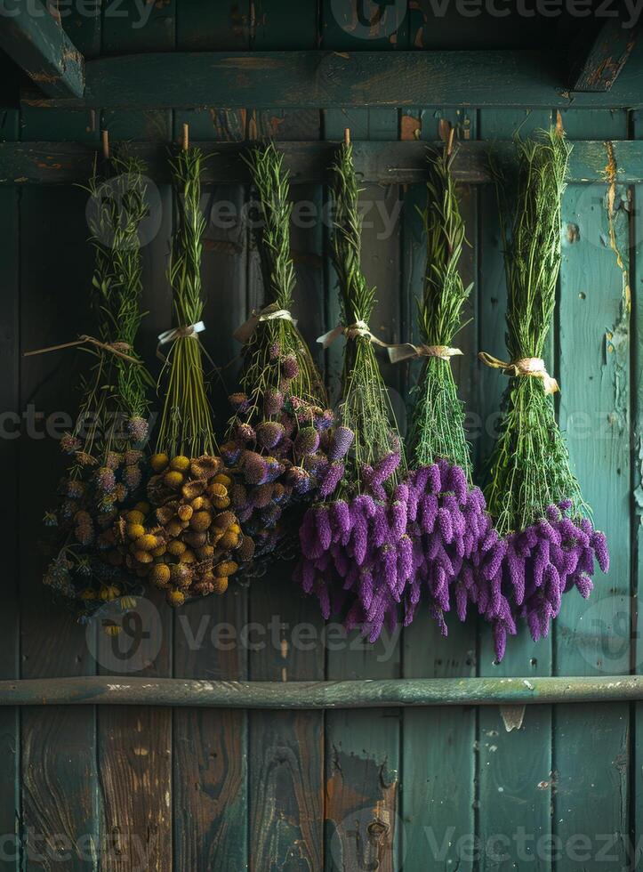 ai generato grappoli di lavanda sospeso su di legno parete foto