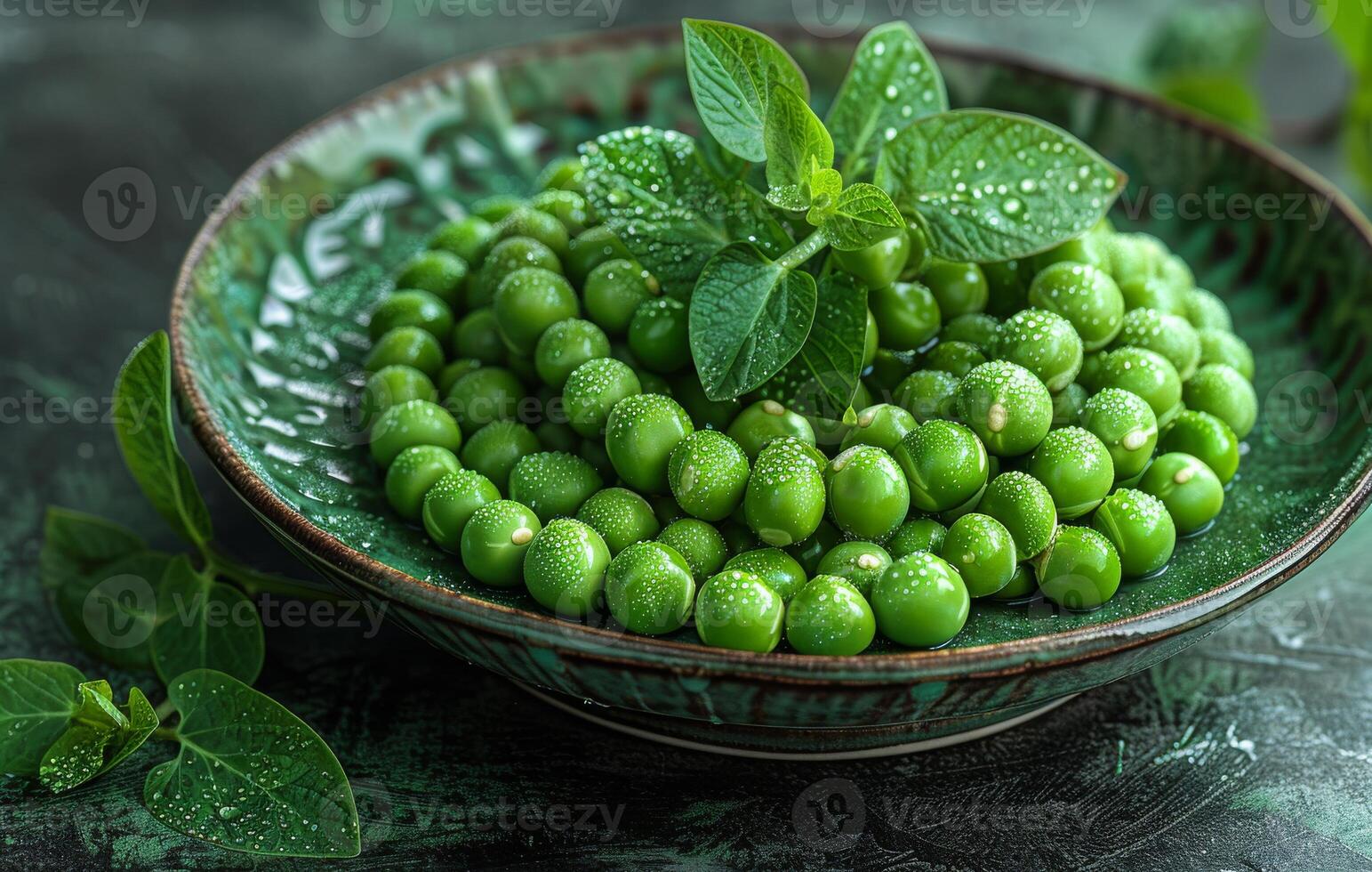 ai generato verde piselli nel ciotola su buio sfondo foto