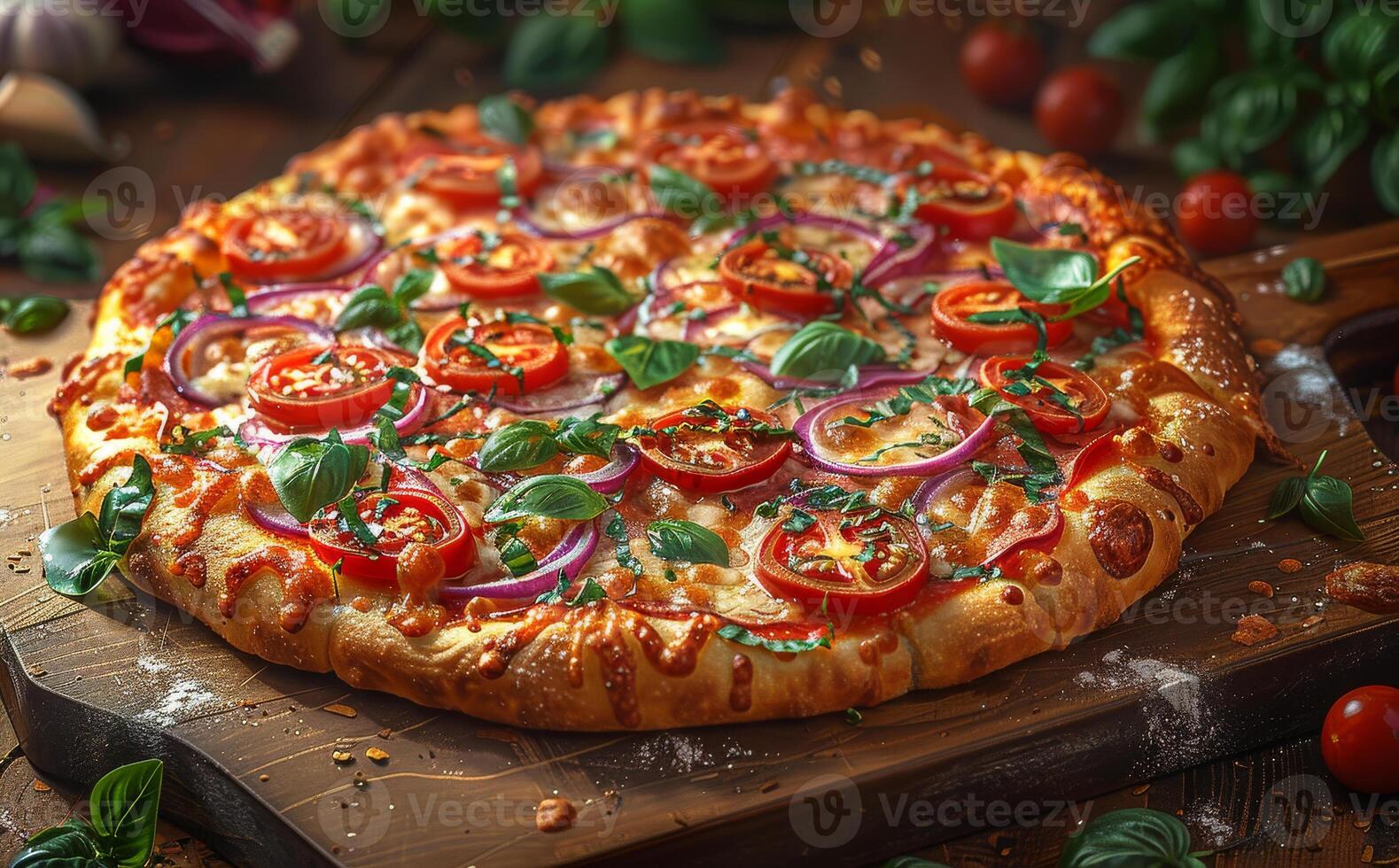 ai generato delizioso formaggio Pizza con guarnizione di pomodoro cipolla e basilico foto