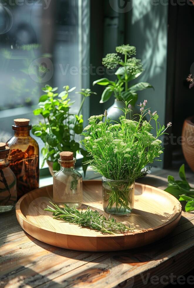 ai generato fresco erbe aromatiche e spezie su di legno tavolo nel il cucina foto