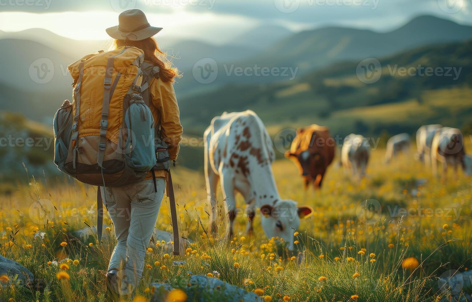 ai generato donna escursioni a piedi nel il montagne e Guardando mucche foto