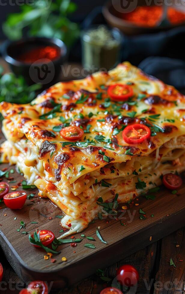 ai generato affettato fatti in casa Lasagna con tritato carne pomodoro salsa e formaggio su di legno tavola foto