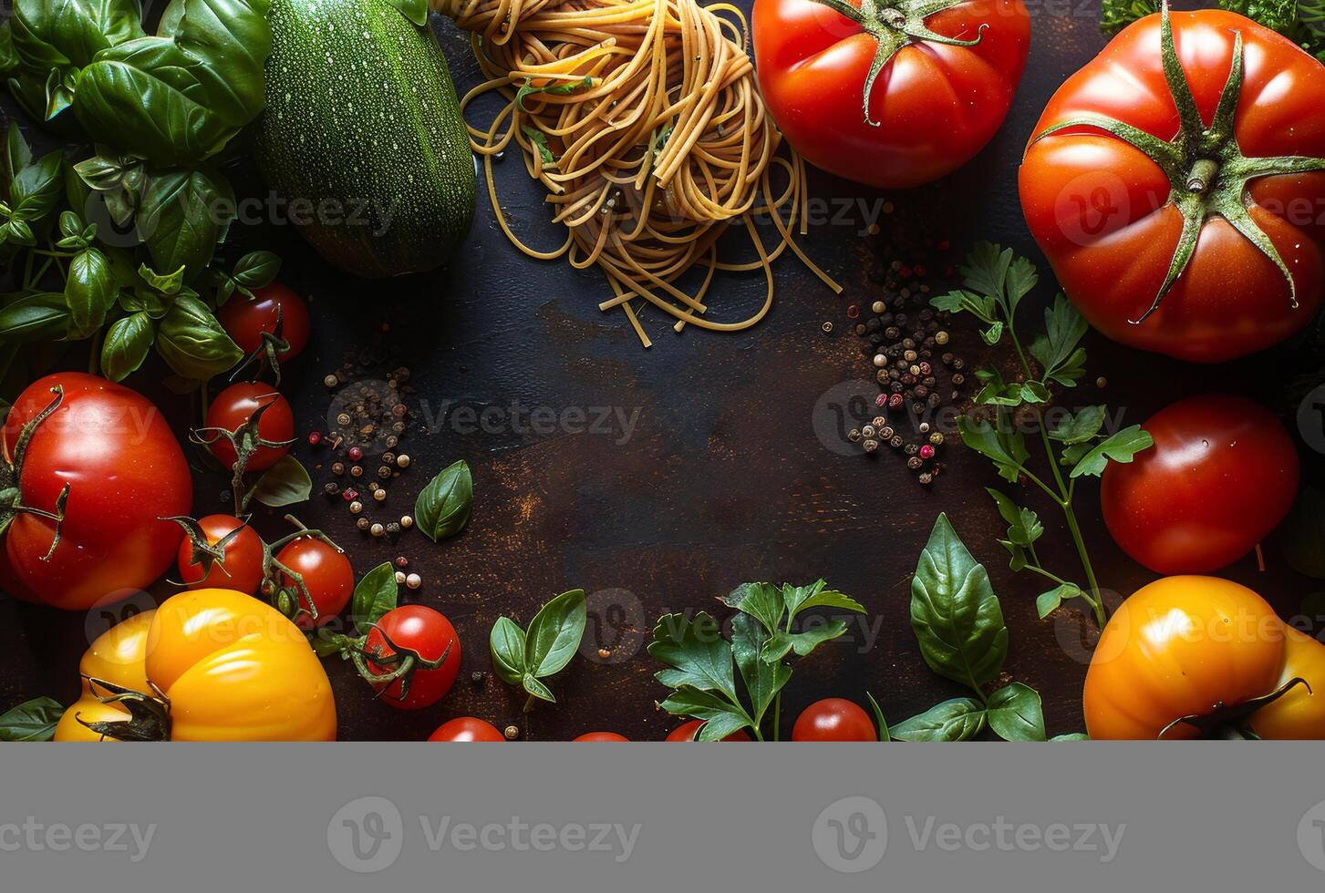 ai generato italiano cibo ingredienti e testo su buio sfondo foto