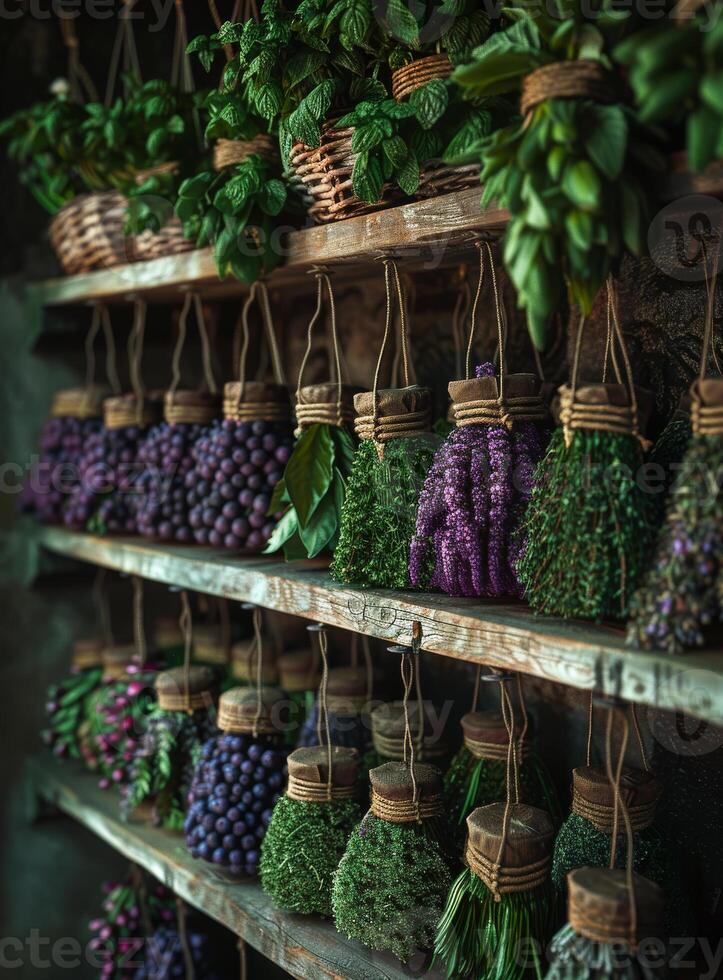 ai generato fresco erbe aromatiche e grappoli di viola basilico e verde prezzemolo su il scaffali foto