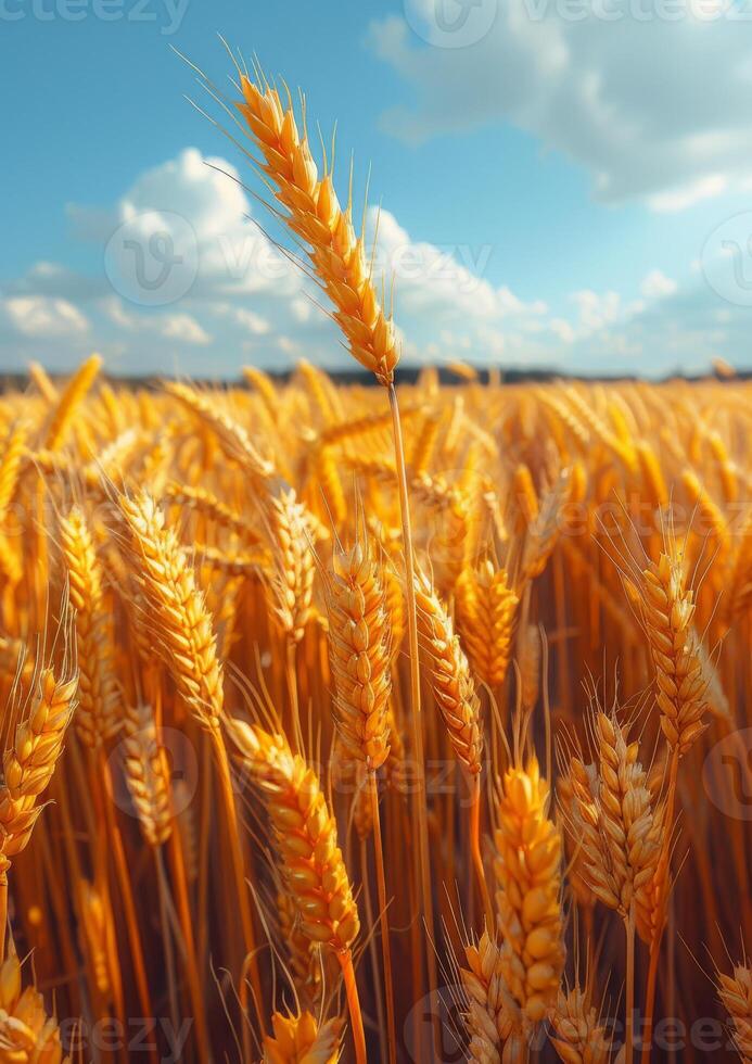 ai generato Grano campo su il luminosa soleggiato giorno foto