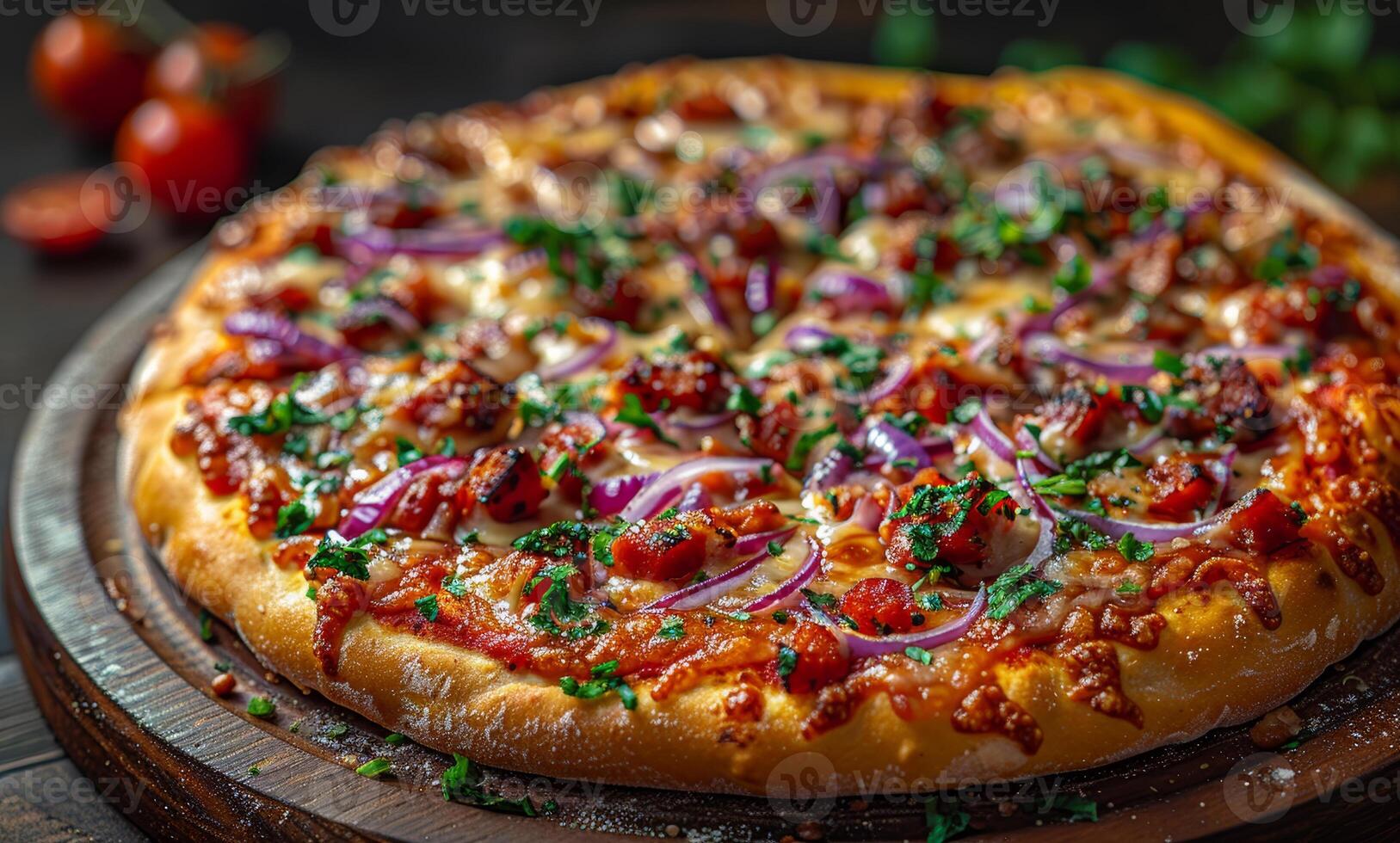 ai generato delizioso fatti in casa Pizza con tritato carne formaggio pomodoro salsa e rosso cipolla foto
