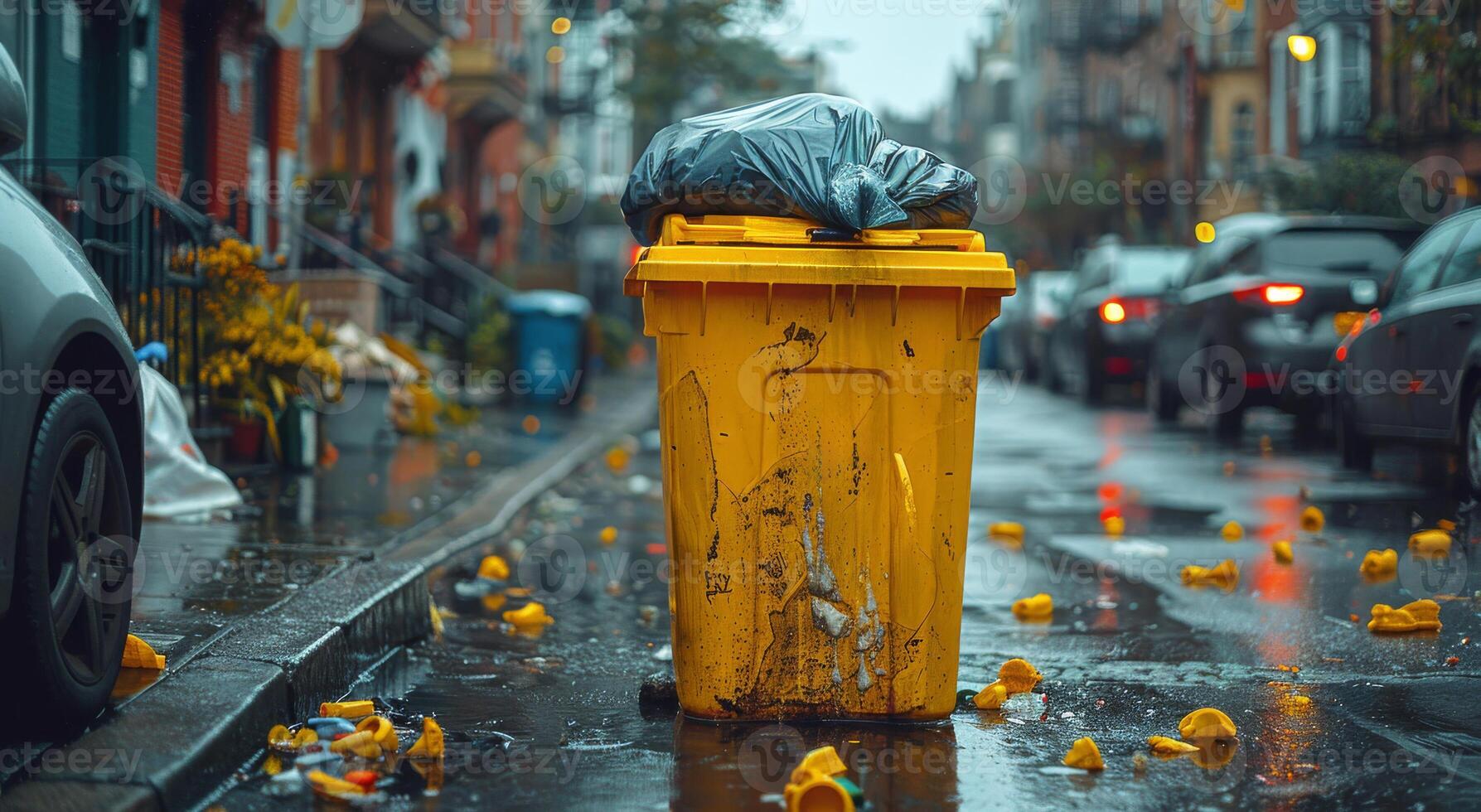 ai generato giallo spazzatura può e spazzatura borse su il strada dopo pioggia foto