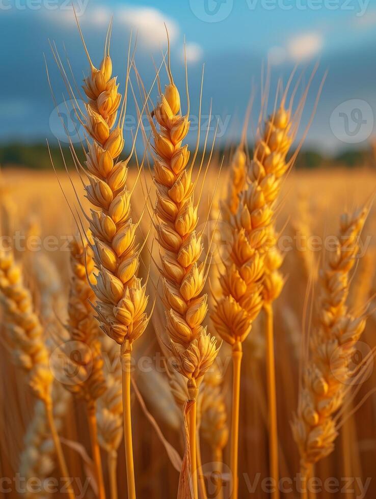 ai generato Grano campo su il sfondo di il ambientazione sole foto