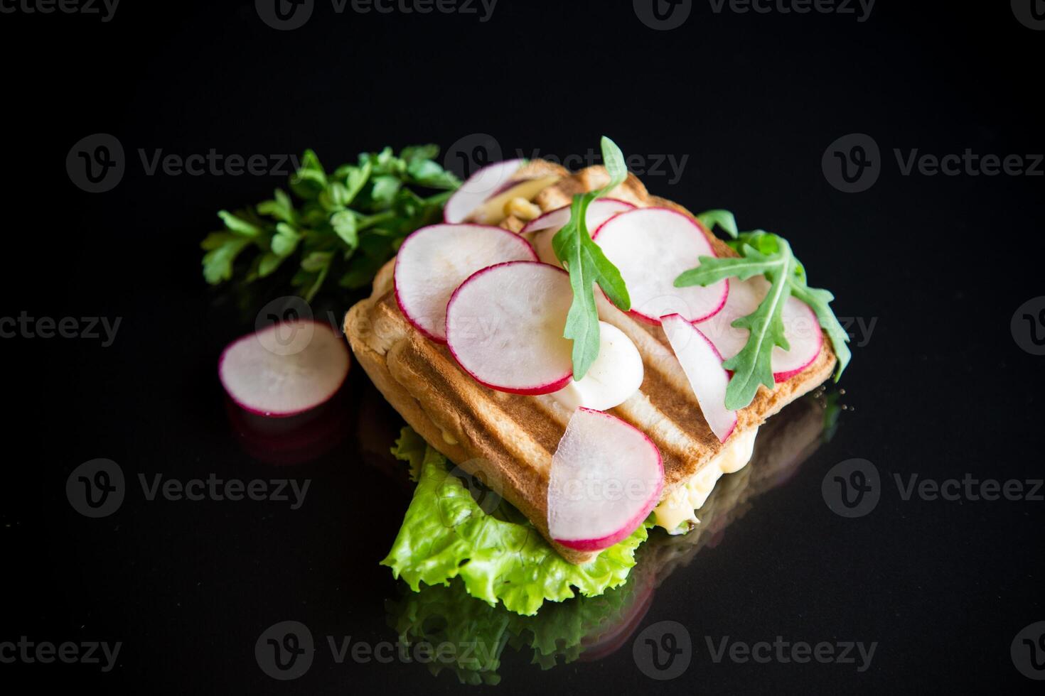 caldo Sandwich di fritte crostini ripieno con formaggio, erbe aromatiche e Ravanelli foto