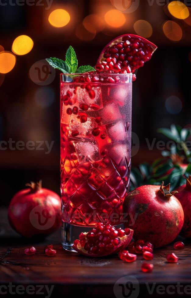 ai generato Melograno cocktail con fresco Melograno frutta su di legno tavolo foto