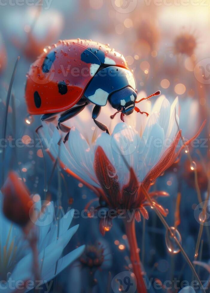 ai generato un' coccinella è seduta su un' fiore e guardare nel il erba foto