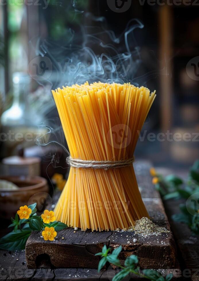 ai generato crudo spaghetti su di legno tavolo con Fumo e fiori foto