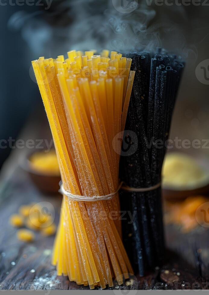 ai generato crudo spaghetti e asciutto pasta su di legno tavolo foto