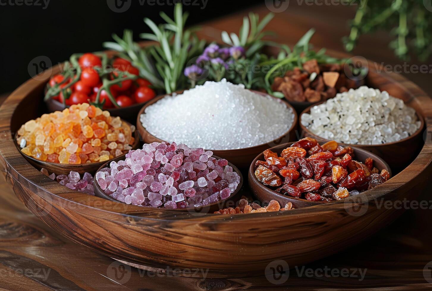 ai generato di legno ciotola pieno con diverso tipi di sale e erbe aromatiche foto