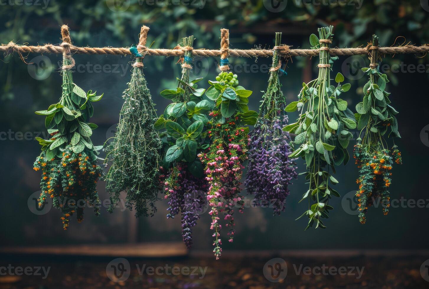 ai generato fresco erbe aromatiche sospeso su guinzaglio. naturale medicina foto