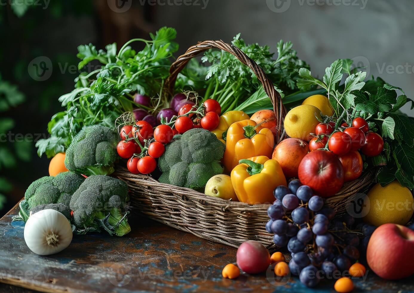 ai generato fresco biologico verdure e frutta nel il di vimini cestino e di legno tavolo foto