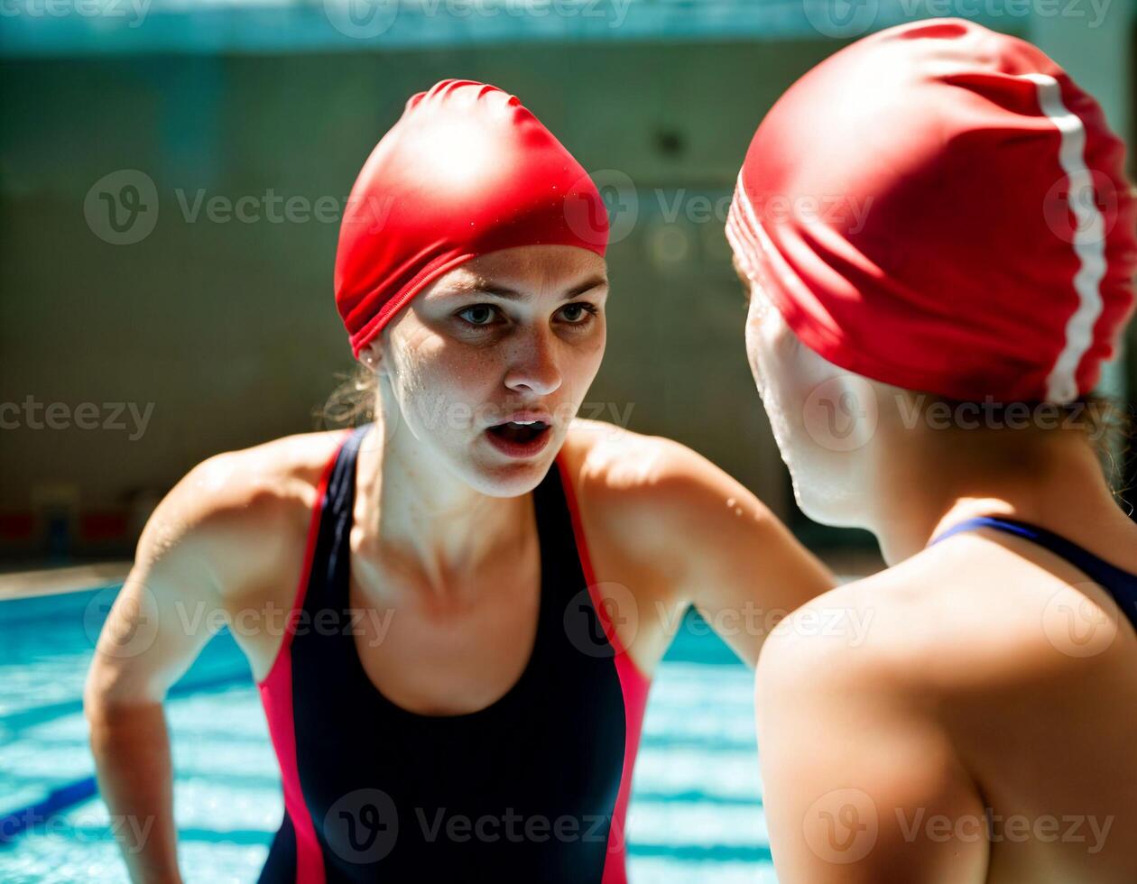 ai generato foto di bellissimo arrabbiato donna come un' nuotatore con ferita e piccolo sangue a il interno nuoto piscina, generativo ai