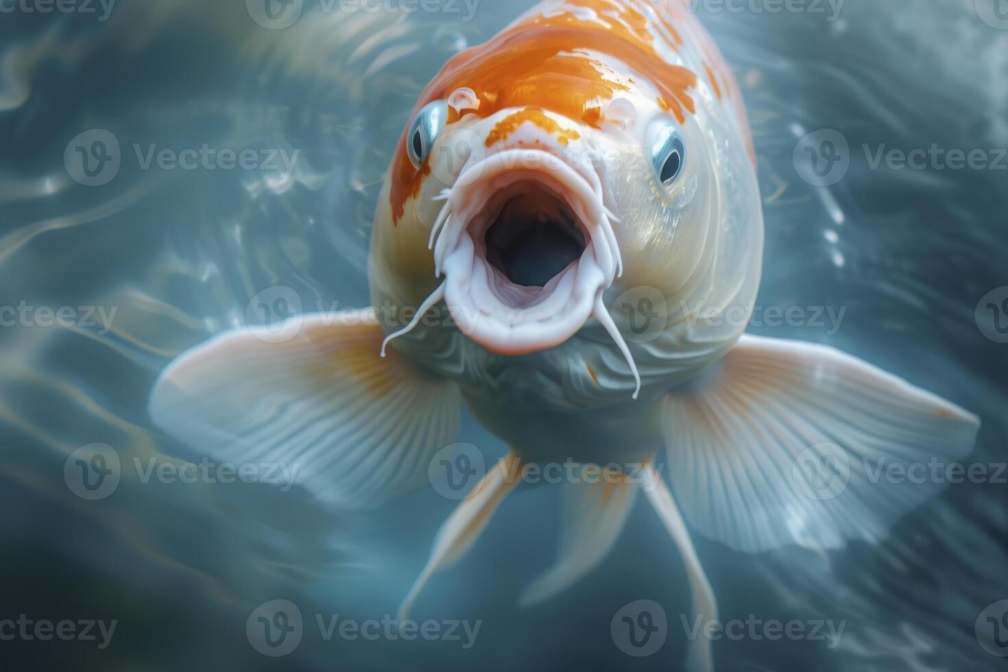 ai generato un' koi pesce con il suo bocca Aperto sotto blu acqua foto