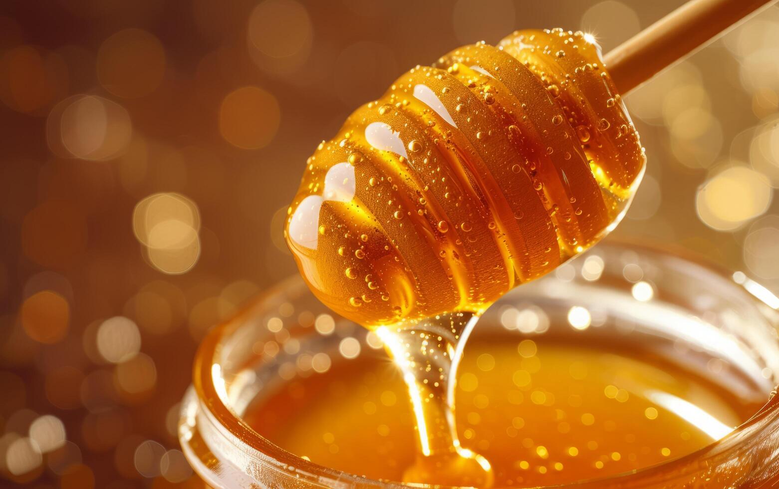 ai generato un su vicino prospettiva di miele lentamente gocciolante via un' mestolo foto