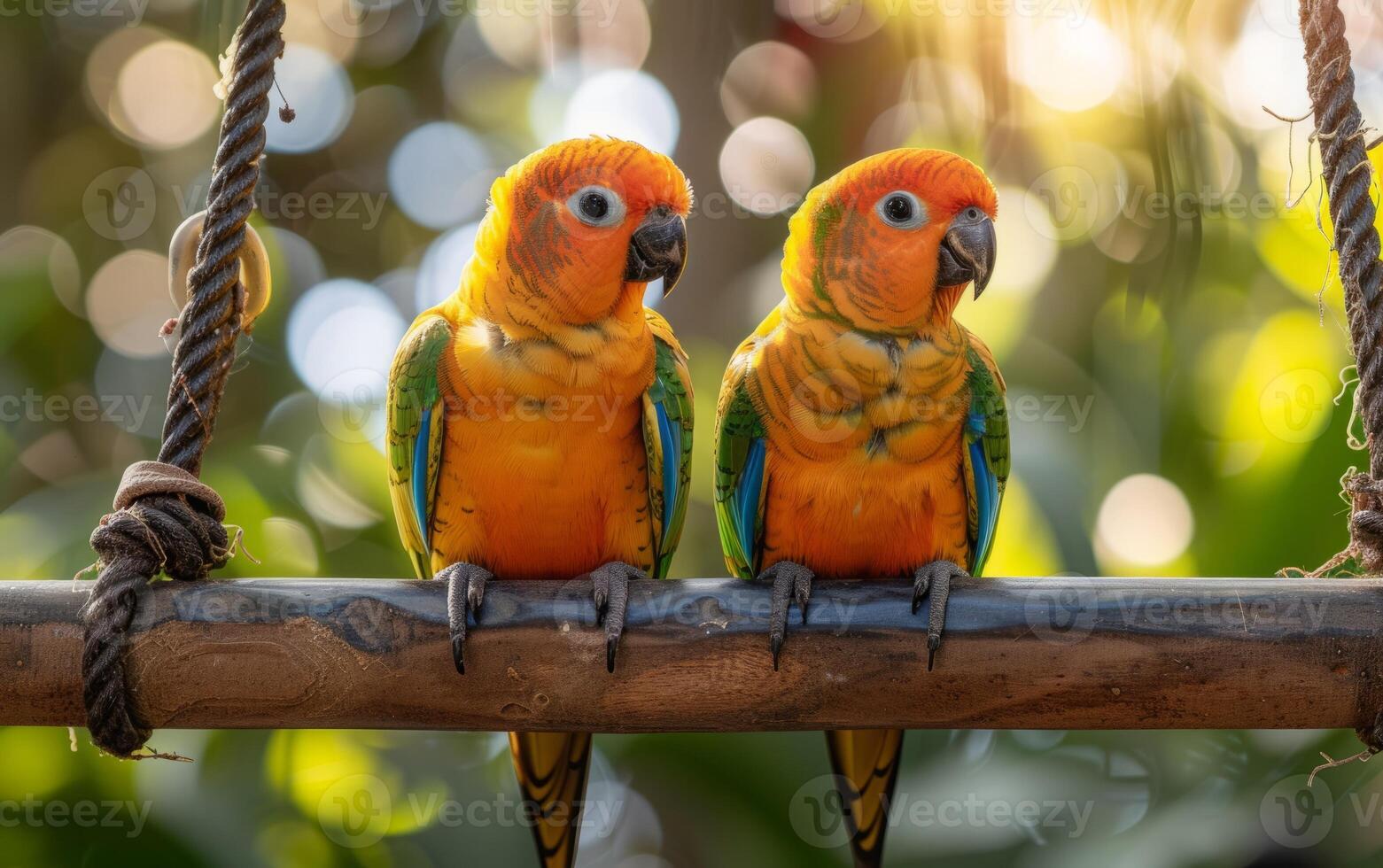 ai generato istantanea di Due sole conures coccole su un' swing foto