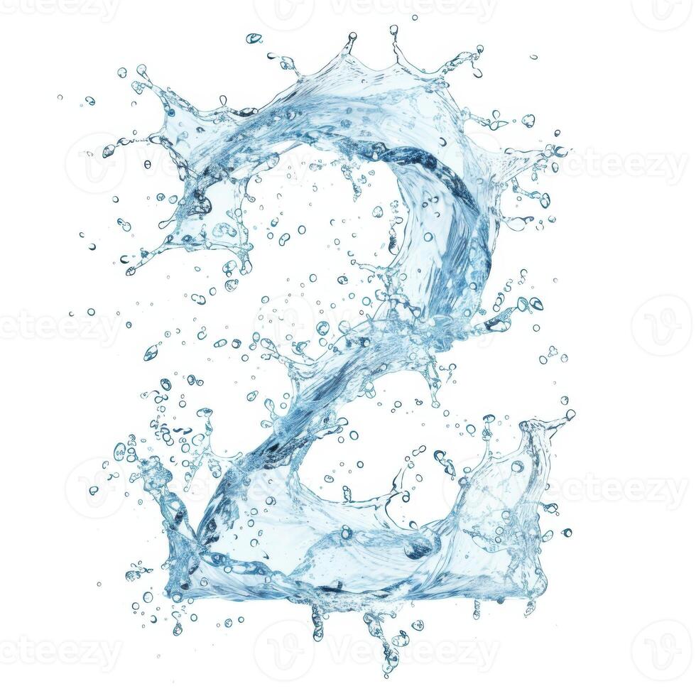 ai generato blu acqua spruzzo alfabeto isolato su bianca sfondo. stilizzato font, capitale numero 2. testo fatto di acqua schizzi, numero 2. foto