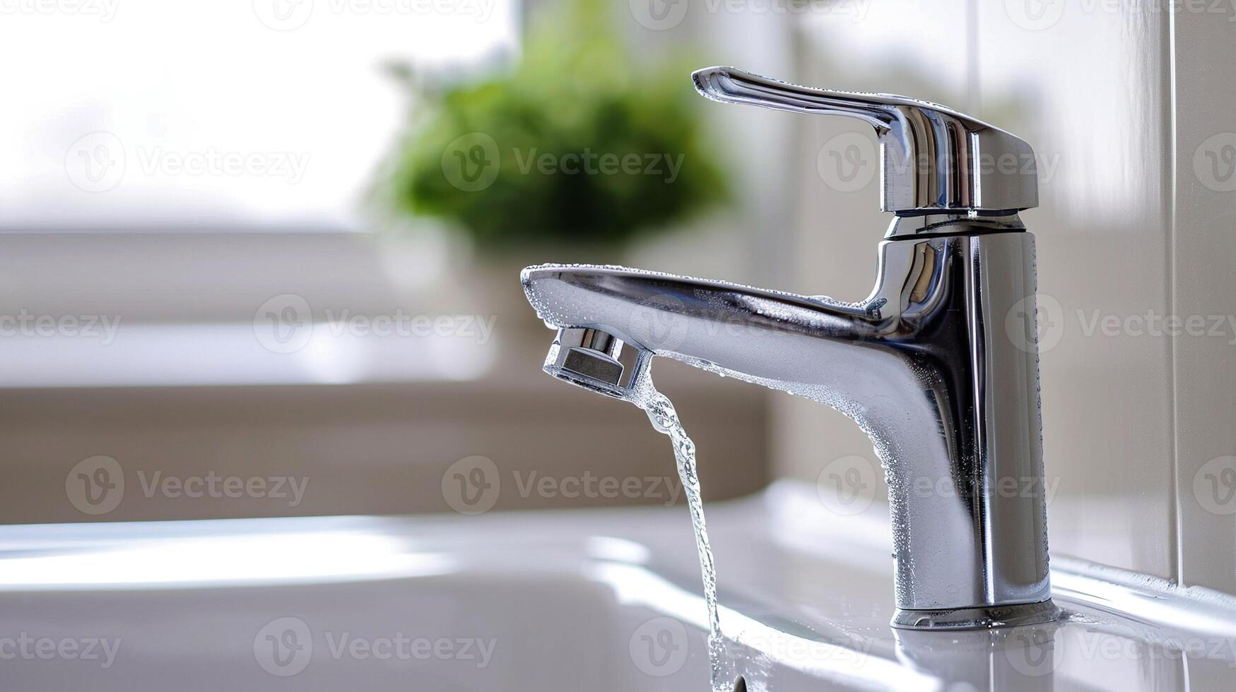 ai generato acqua flussi a partire dal un' rubinetto nel un' elegante bagno. avvicinamento. isolato a partire dal sfocato sfondo. rubinetto con in esecuzione acqua contro un' buio parete. foto