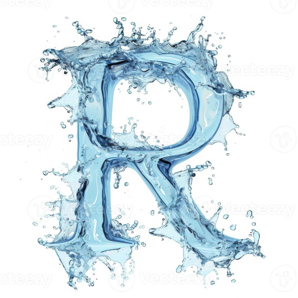 ai generato spruzzo di acqua prende il forma di il lettera r, che rappresentano il concetto di fluido tipografia. foto