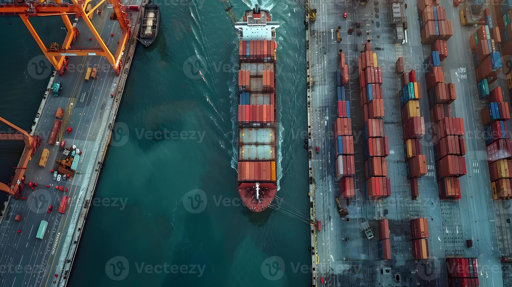 ai generato un' nave per trasporto carico contenitori e anche scarico esso a il banchine di un' carico porta. ai generato foto