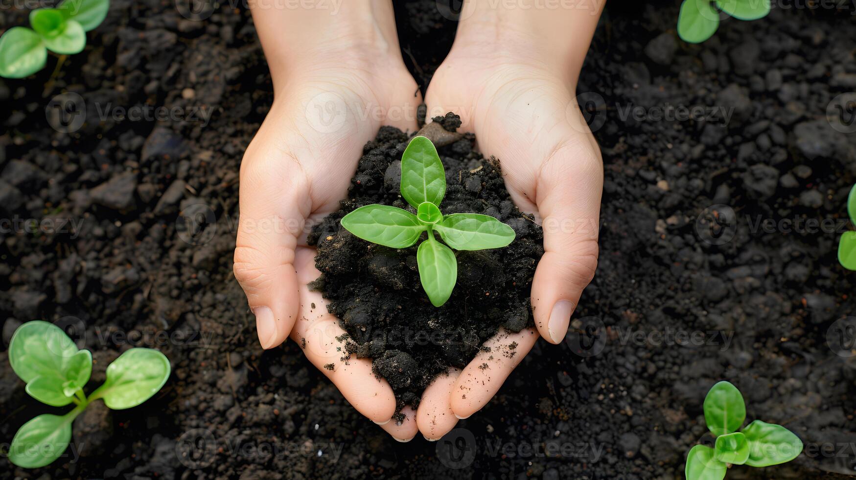 ai generato umano palme hold suolo con un' verde piccolo pianta come un' concetto per attività commerciale sviluppo. ai generato foto