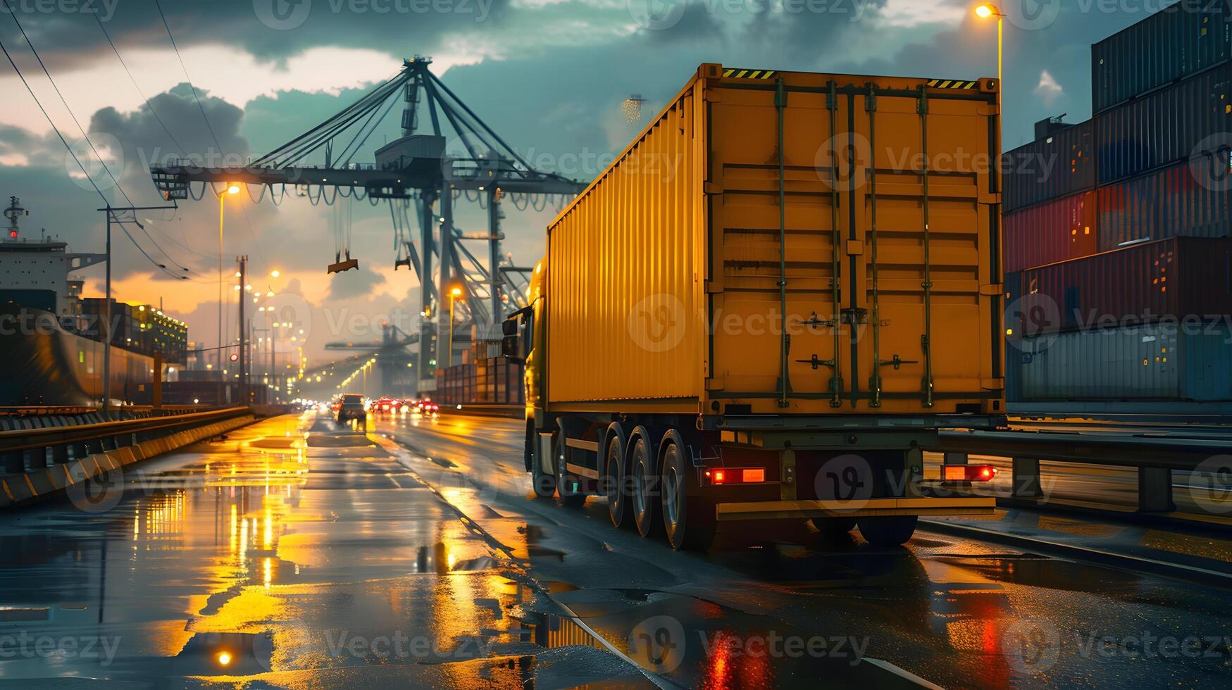 ai generato camion trailer su il molo nel il carico porta terminale con gru e contenitori. ai generato foto