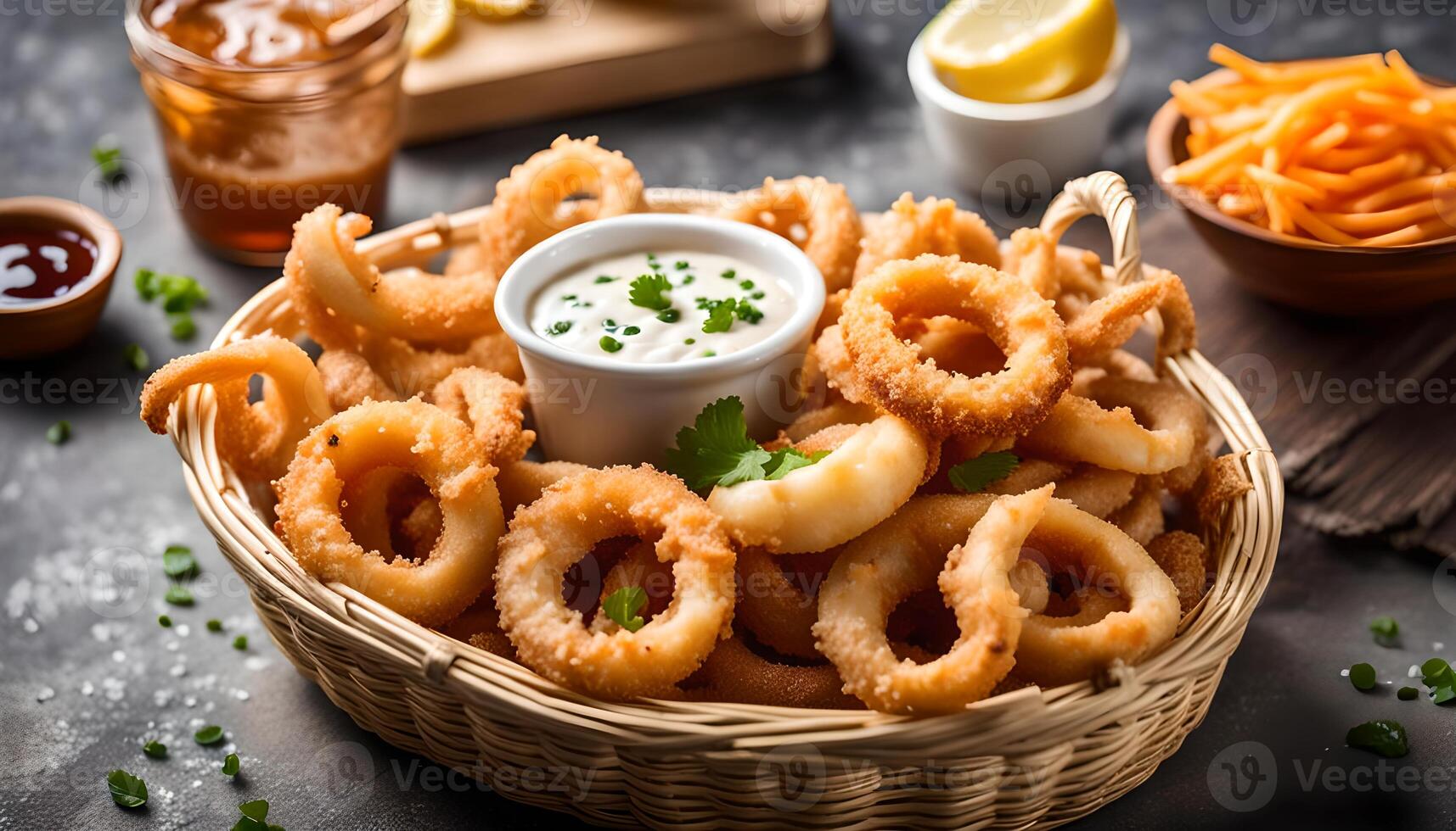 ai generato fritte calamari anelli nel di vimini cestino e tuffo salsa foto