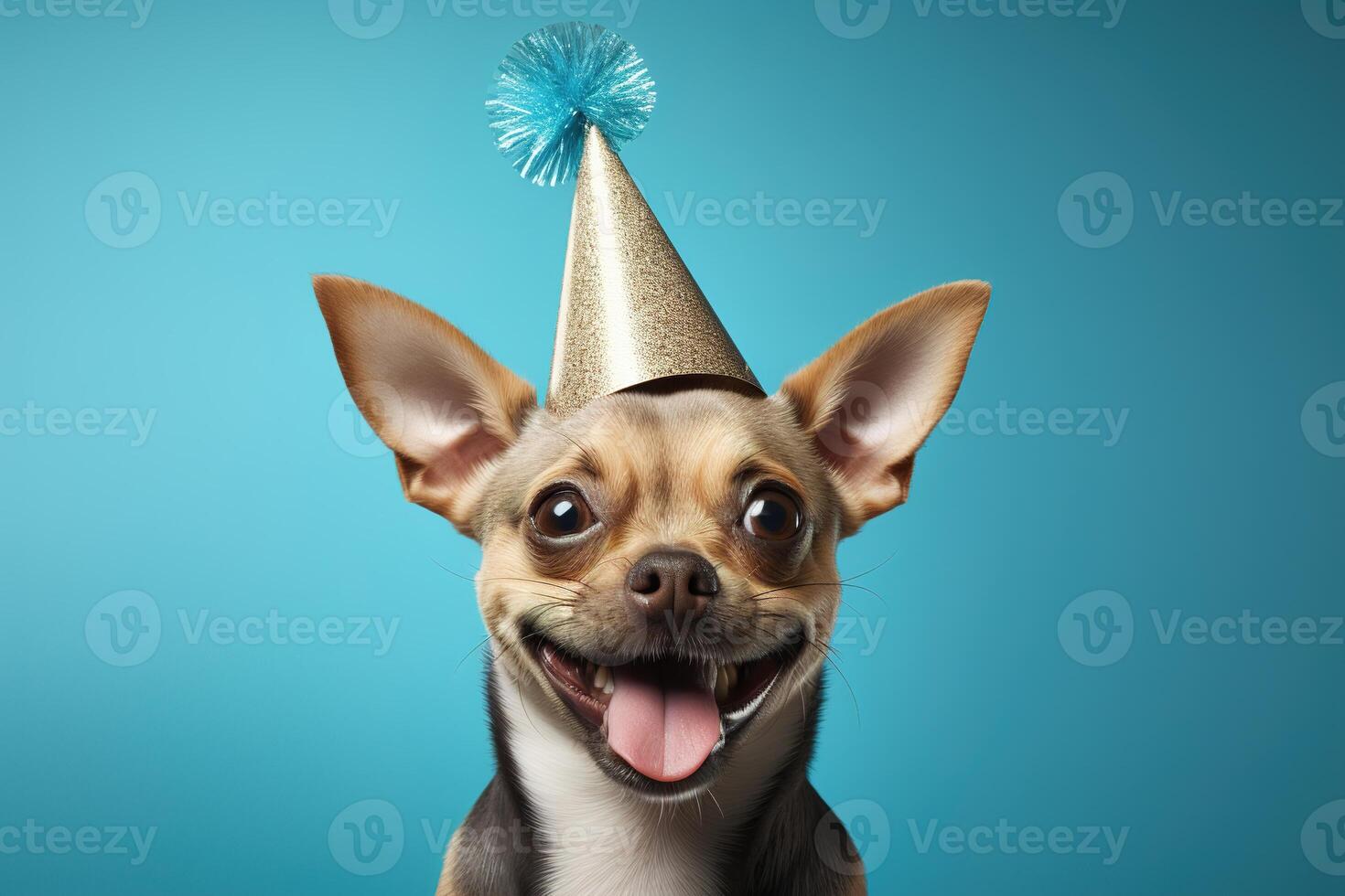 ai generato carino contento sorridente chihuahua cane indossare un' festa compleanno cappello su un' leggero blu studio sfondo foto