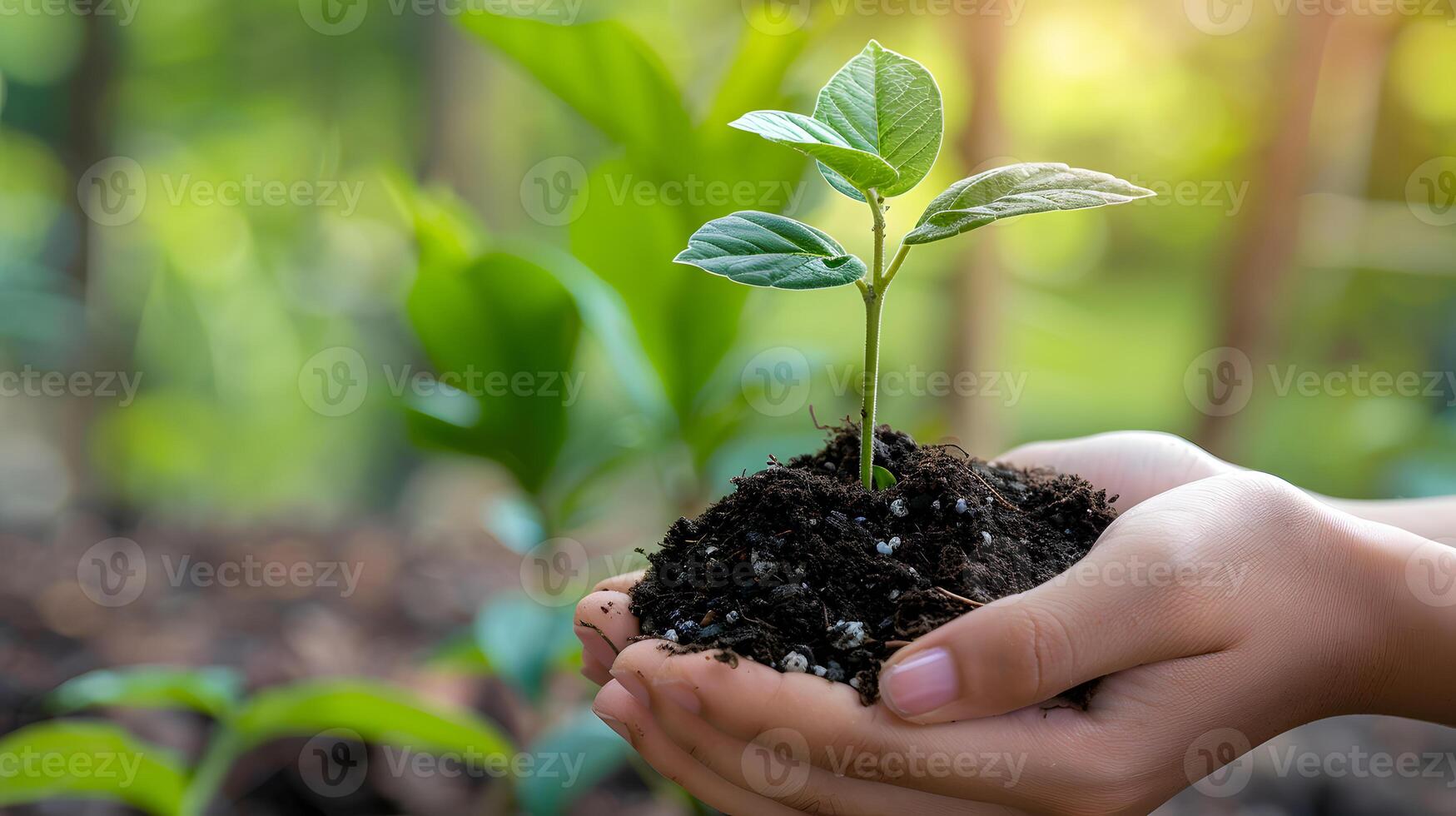 ai generato umano palme hold suolo con un' verde piccolo pianta come un' concetto per attività commerciale sviluppo. ai generato foto