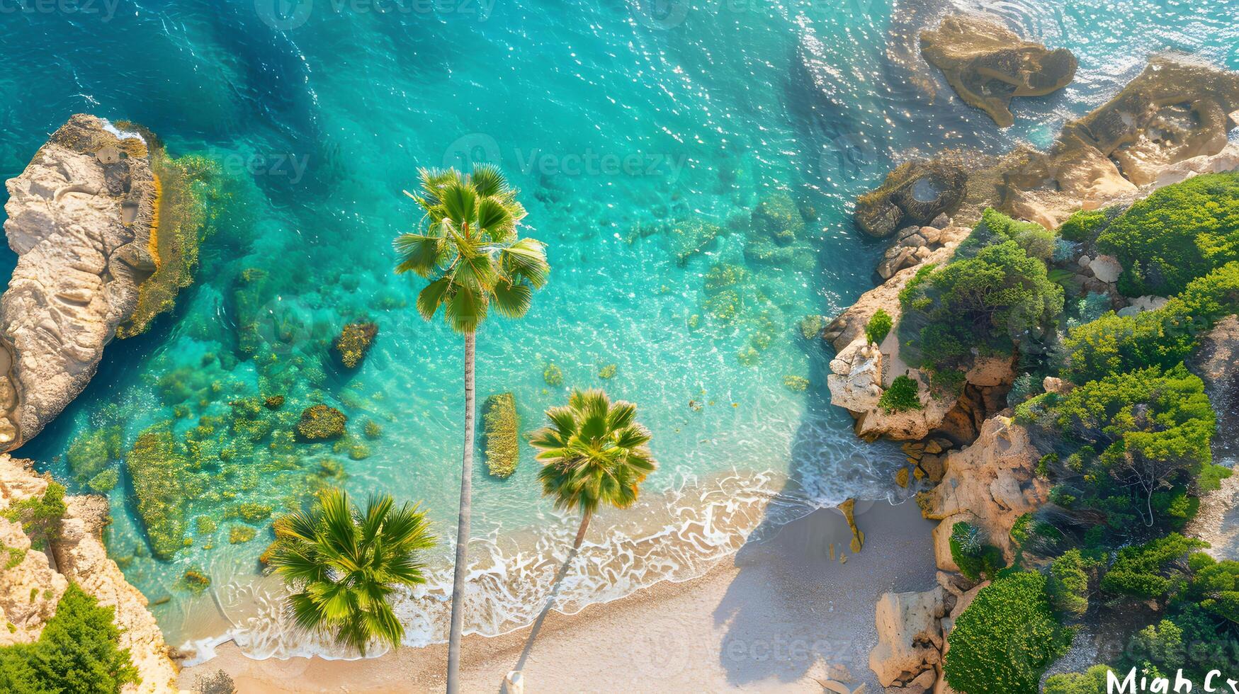 azzurro costa di il oceano con palma alberi, sabbia, Surf e conchiglie. ai generato foto