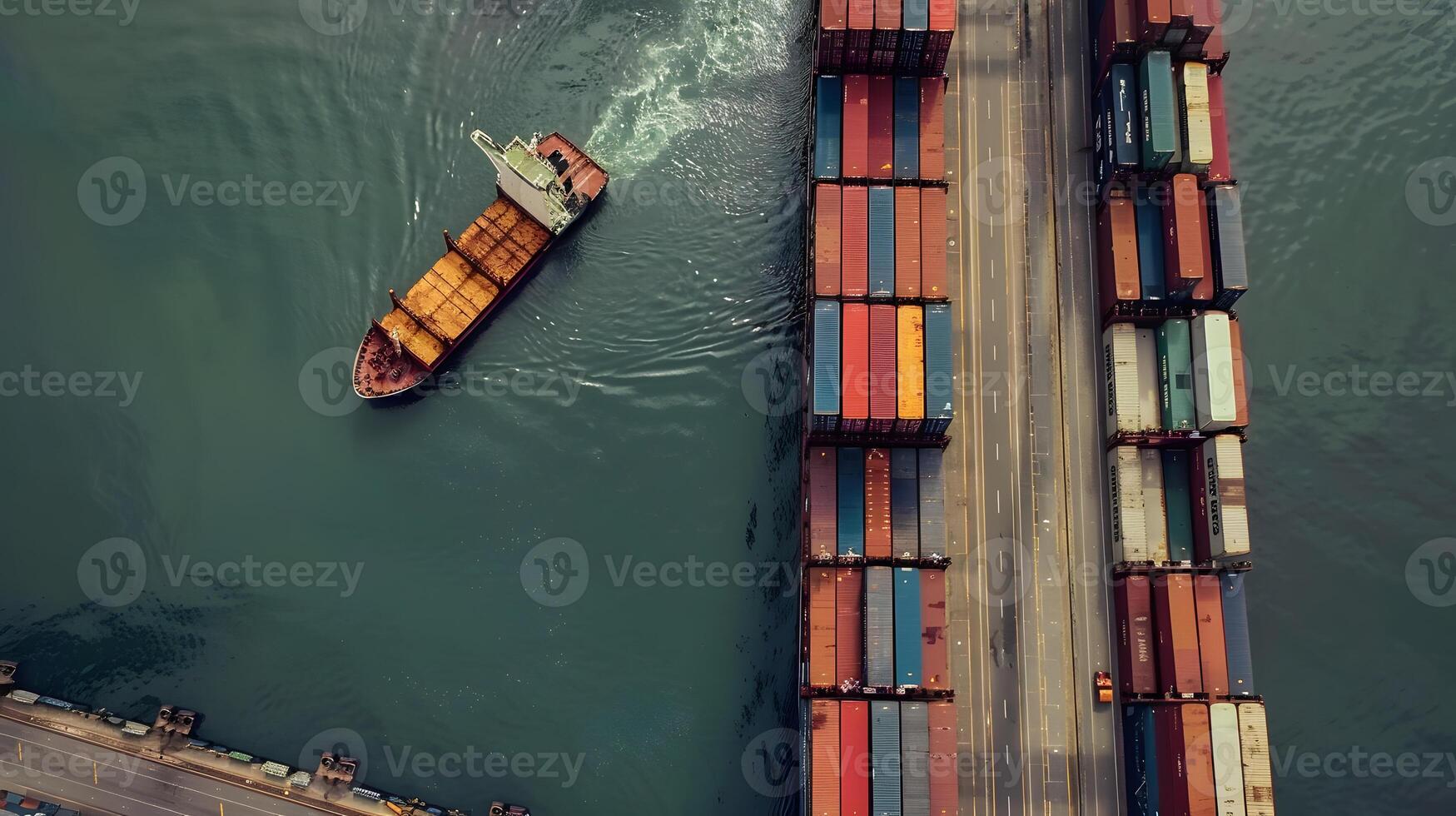 ai generato un' nave per trasporto carico contenitori e anche scarico esso a il banchine di un' carico porta. ai generato foto