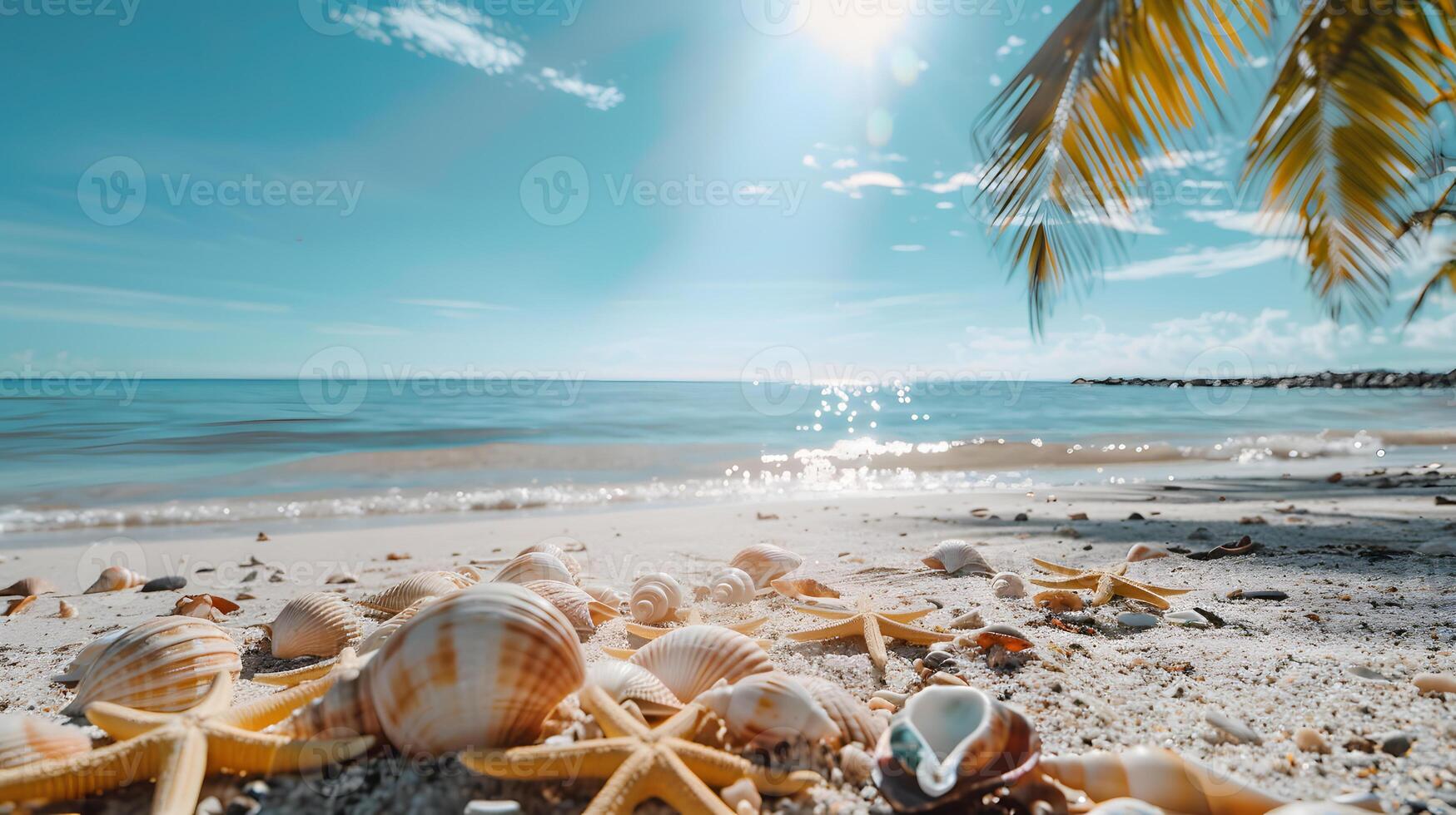 azzurro costa di il oceano con palma alberi, sabbia, Surf e conchiglie. ai generato foto