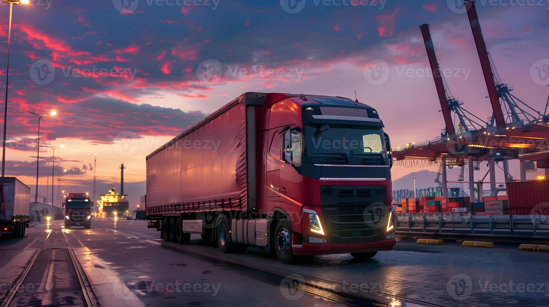 ai generato camion trailer su il molo nel il carico porta terminale con gru e contenitori. ai generato foto