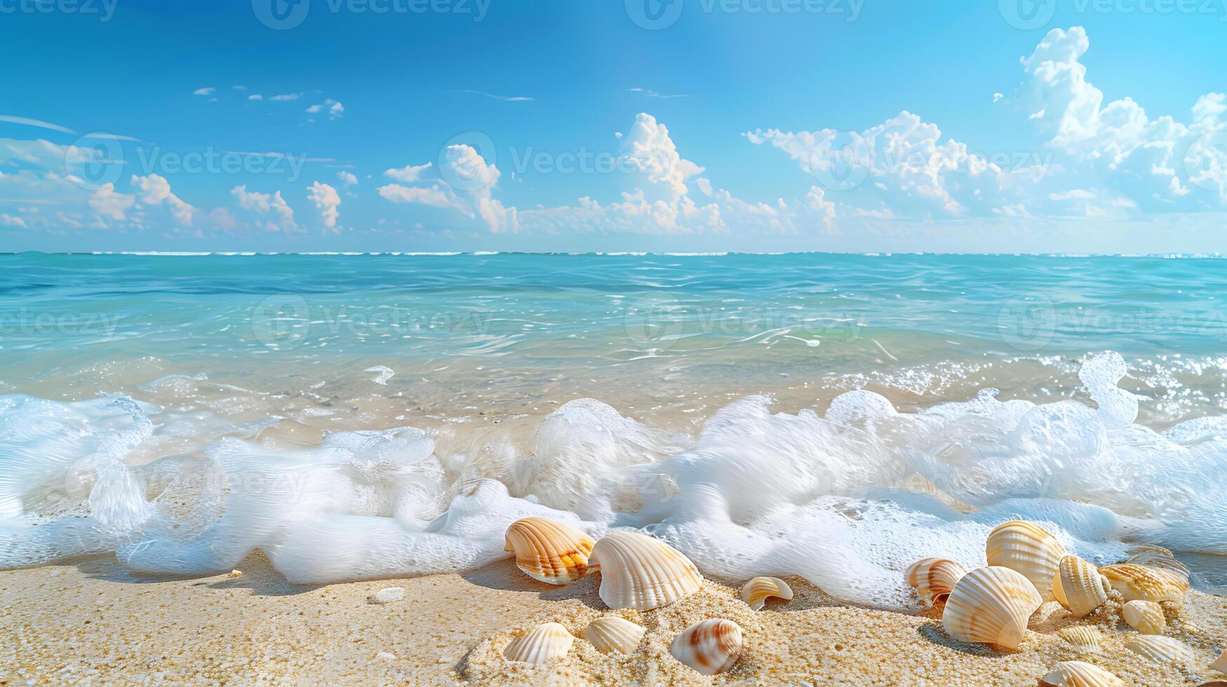 ai generato azzurro costa di il oceano con palma alberi, sabbia, Surf e conchiglie. ai generato foto