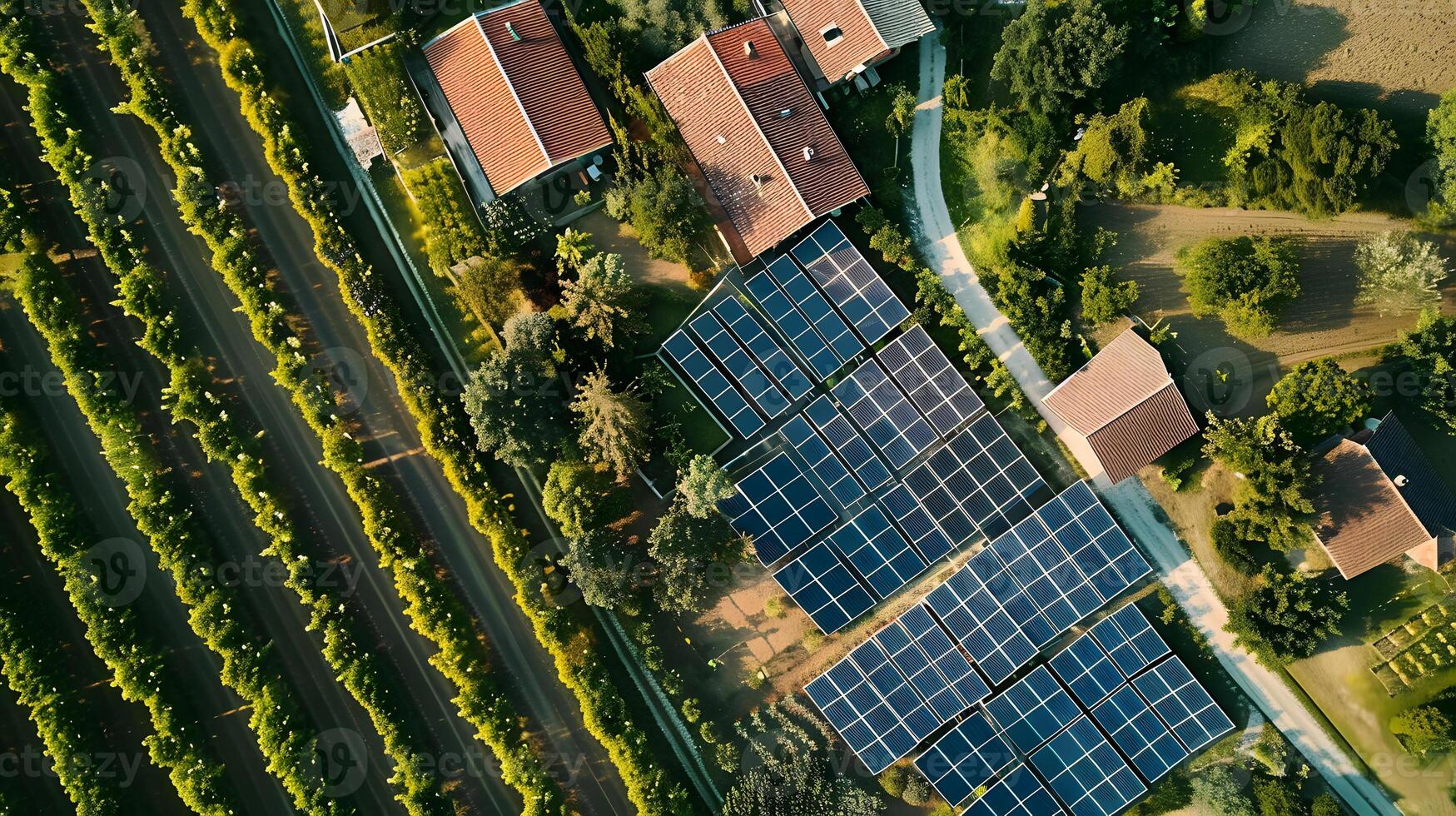 ai generato i campi di solare pannelli e sistemi per produrre verde elettricità. ai generato foto